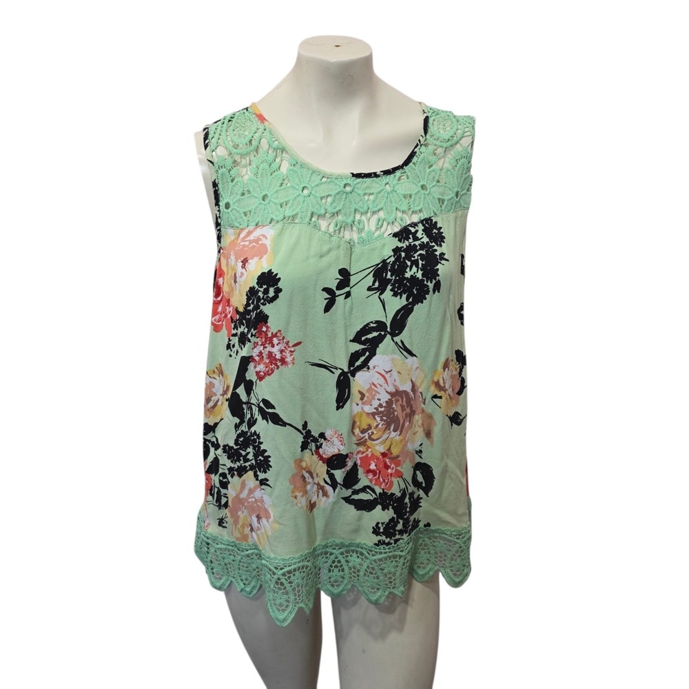 Unique Spectrum Floral Lace Trim Sleeveless Top Mint Green Boho Blouse
